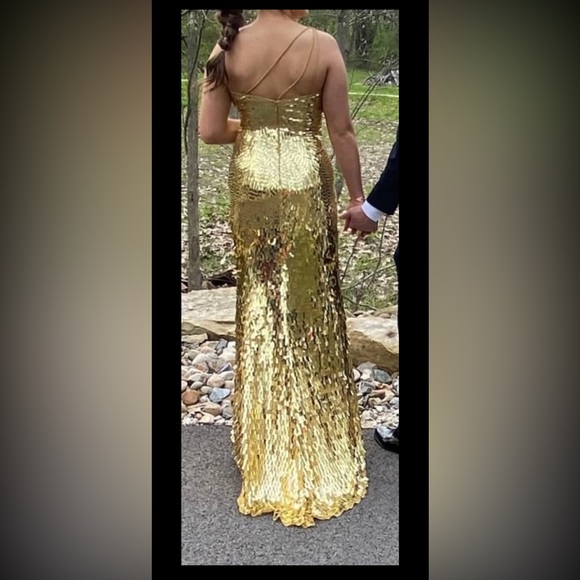 Sherri Hill No. 54987: Gold one shoulder sequin gown with high slit skirt. - Picture 2 of 4